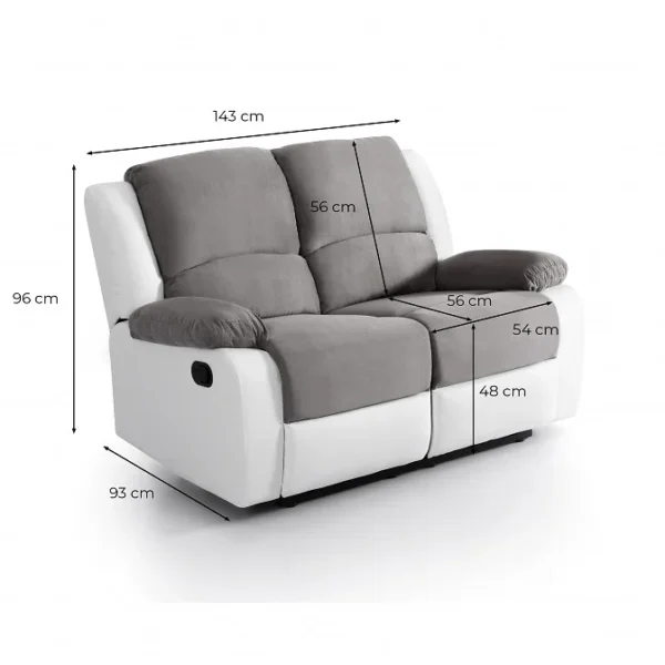 Canapé relax 2 places gris et blanc avec dimensions, modèle PIERRE, parfait pour un salon moderne.