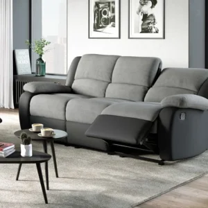 Canapé relax 3 places gris avec repos-pieds, modèle PIERRE, design moderne pour un salon élégant et confortable.
