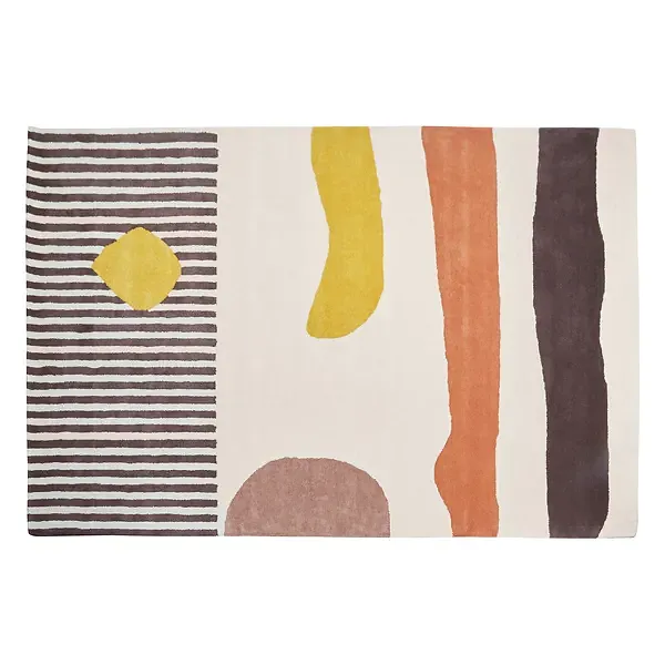 Tapis de salon moderne en laine avec motifs géométriques élégants.