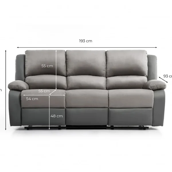 Canapé relax 3 places gris foncé avec dimensions, modèle PIERRE, design moderne et confortable pour le salon.