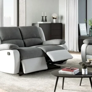 Canapé relax 2 places gris et blanc avec repos-pieds déployés, modèle PIERRE, dans un salon moderne.