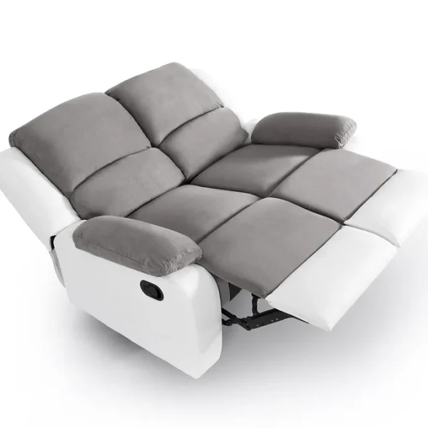 Canapé relax 2 places gris et blanc avec repos-pieds déployés, modèle PIERRE, idéal pour un confort optimal.