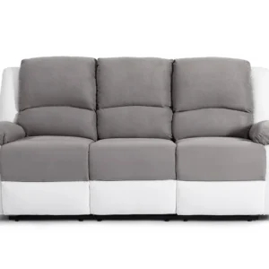 Canapé relax 3 places gris et blanc en simili cuir et microfibres, modèle PIERRE, offrant un design moderne et une assise confortable pour tous les physiques.