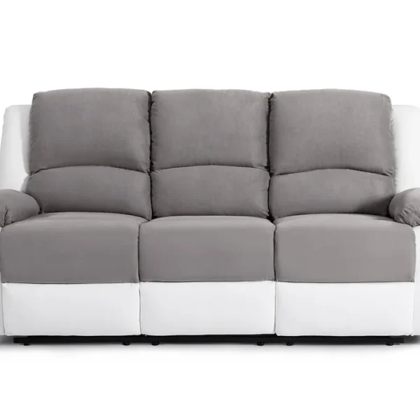 Canapé relax 3 places gris et blanc en simili cuir et microfibres, modèle PIERRE, offrant un design moderne et une assise confortable pour tous les physiques.